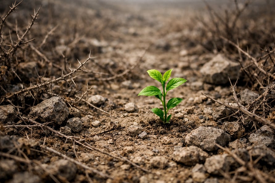 A barren land with thorns weeds and rocks but one sprouted plant is growing up within it-1