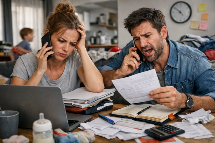 A couple that appear very stressed out and busy