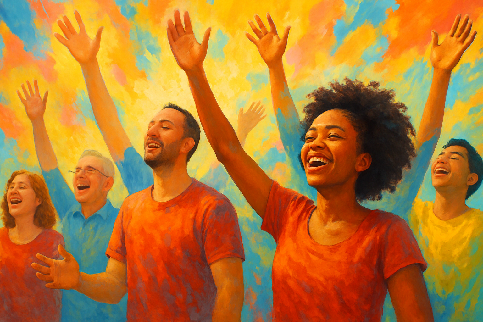 A group of people happy with their hands raised in praise with bright colors in the background-1