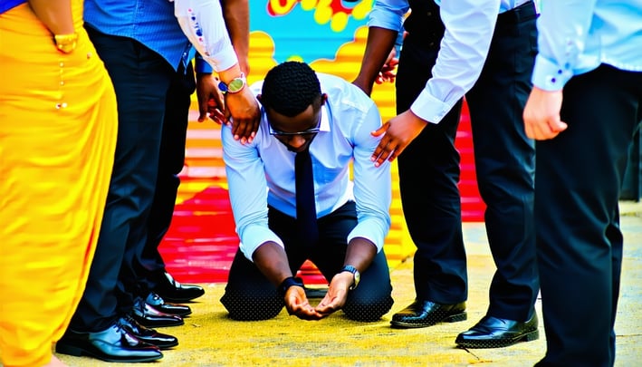 A group of people helping a man who is kneeling down praying with bright colorful background-1