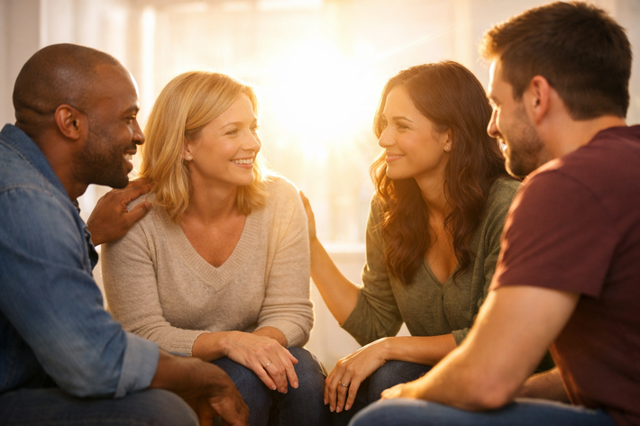 A group of people talking and supporting each other with brigh light in the background-2