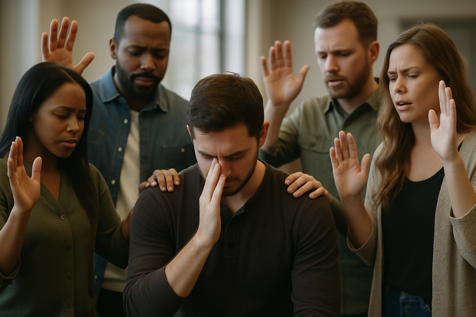 A group of people with one hand on the shoulder of a friend who is bowed in prayer and the other hand raised to God