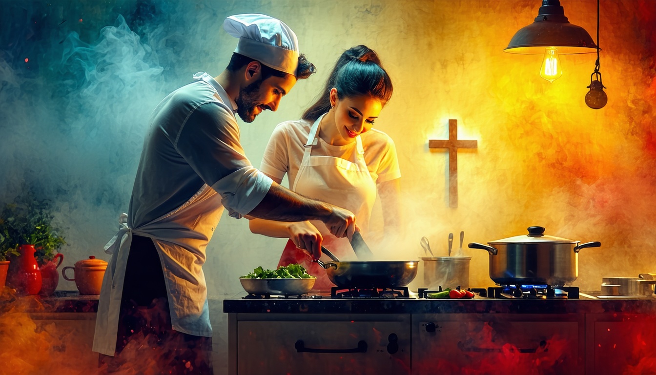 A man and woman cooking in the kitchen with a cross on the countertop or wall with a colorful background