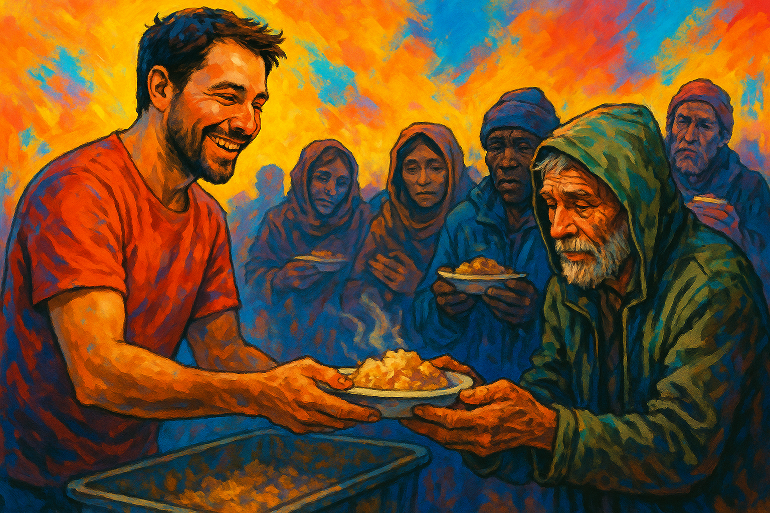 A man smiling and sharing food with other people in need with bright colors in the background-1