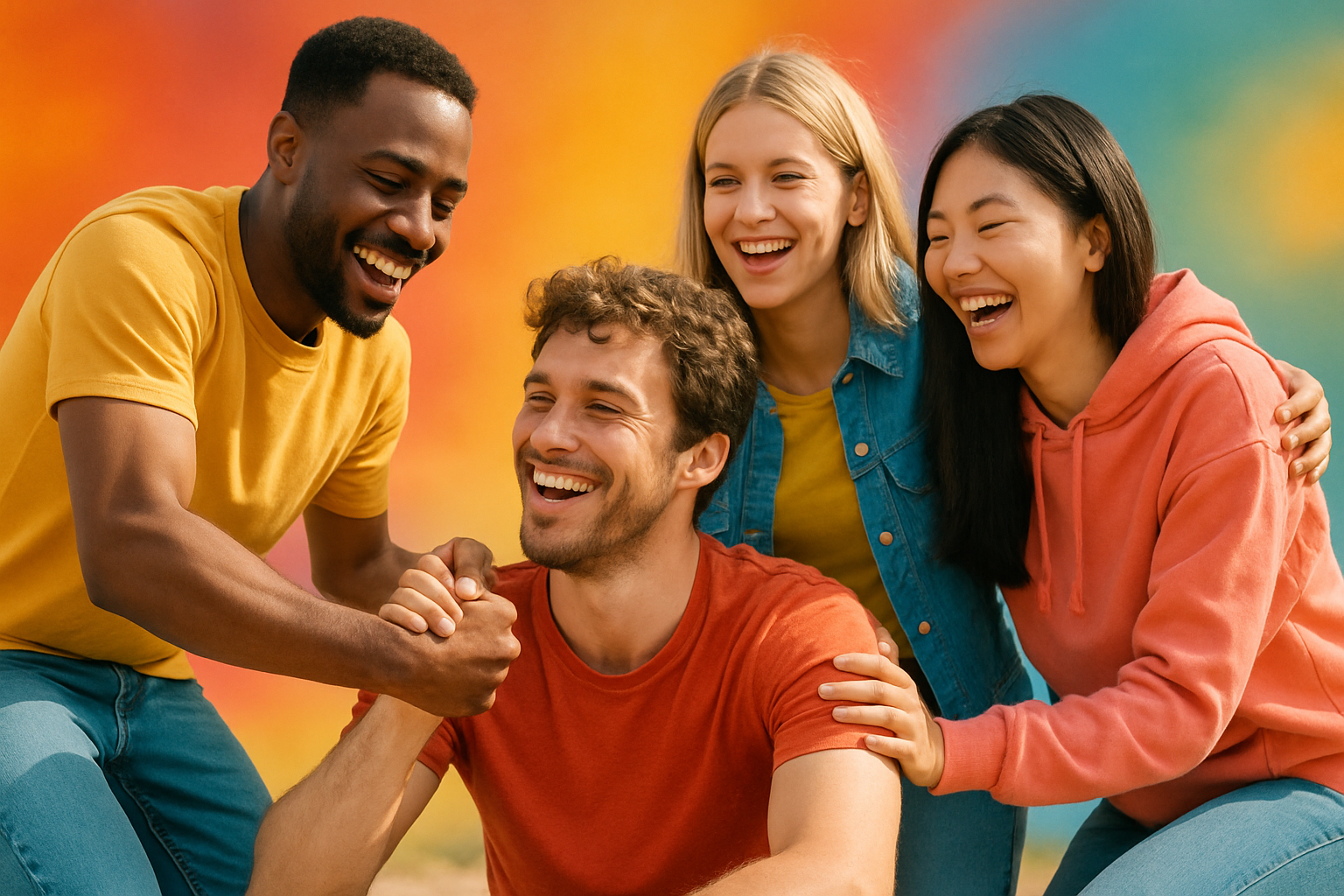 A modern group of people helping each other and happy to be together with bright colors in the background-2