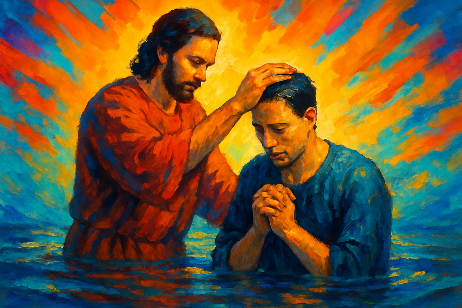 A person being baptized with bright colors in the background-1