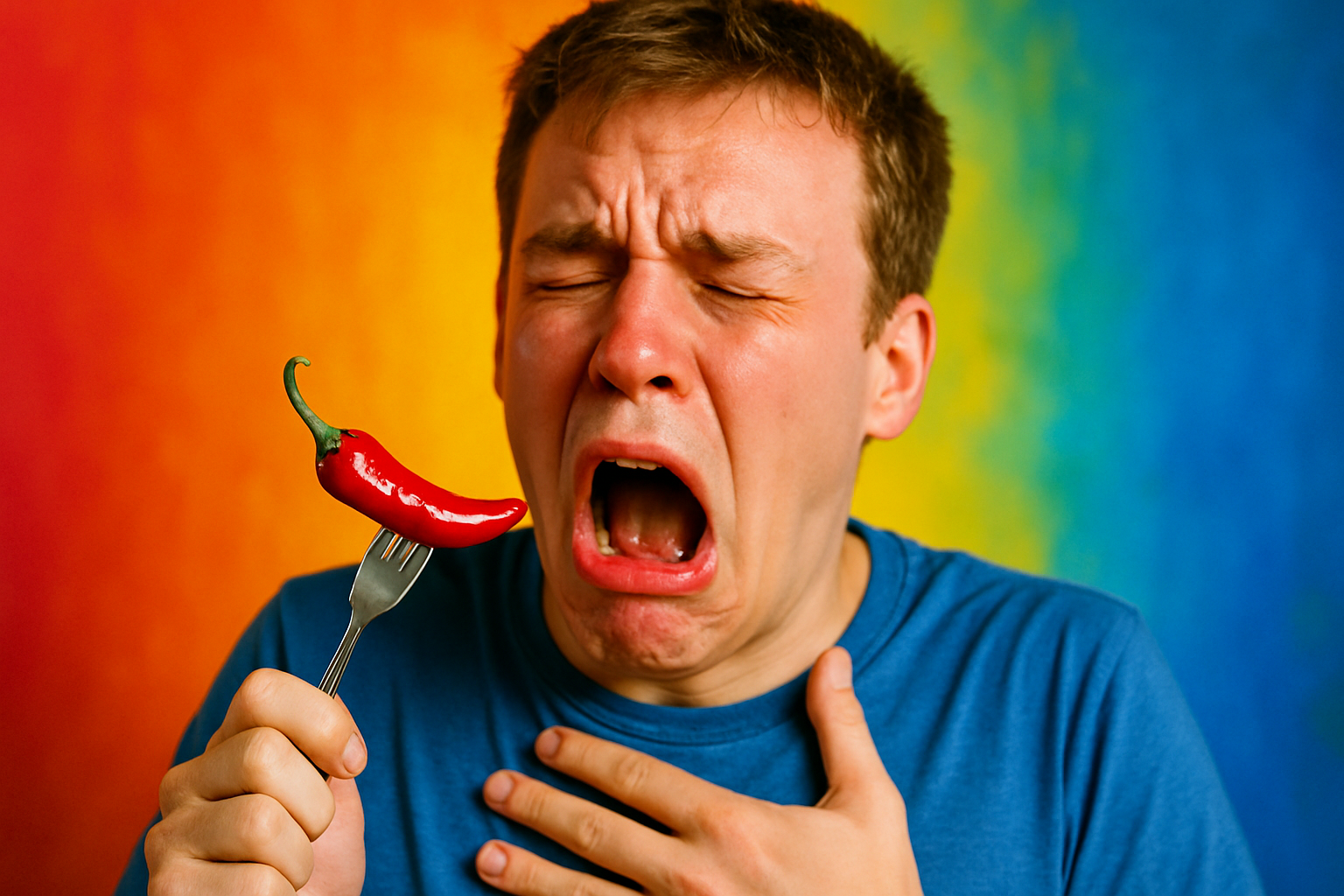 A person eating spicy food for the first time with bright colors in the background-1