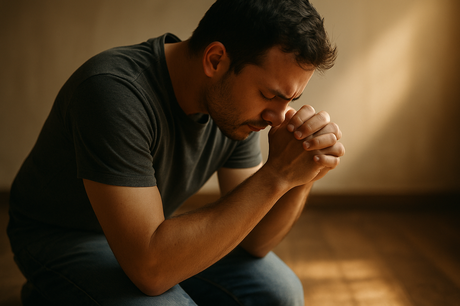 A person on their knees in earnest prayer to God