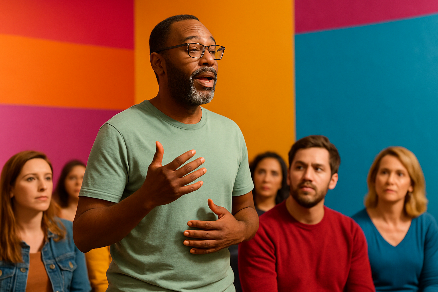 A person standing up giving a testimony to a group of people with bright colors in the background-1