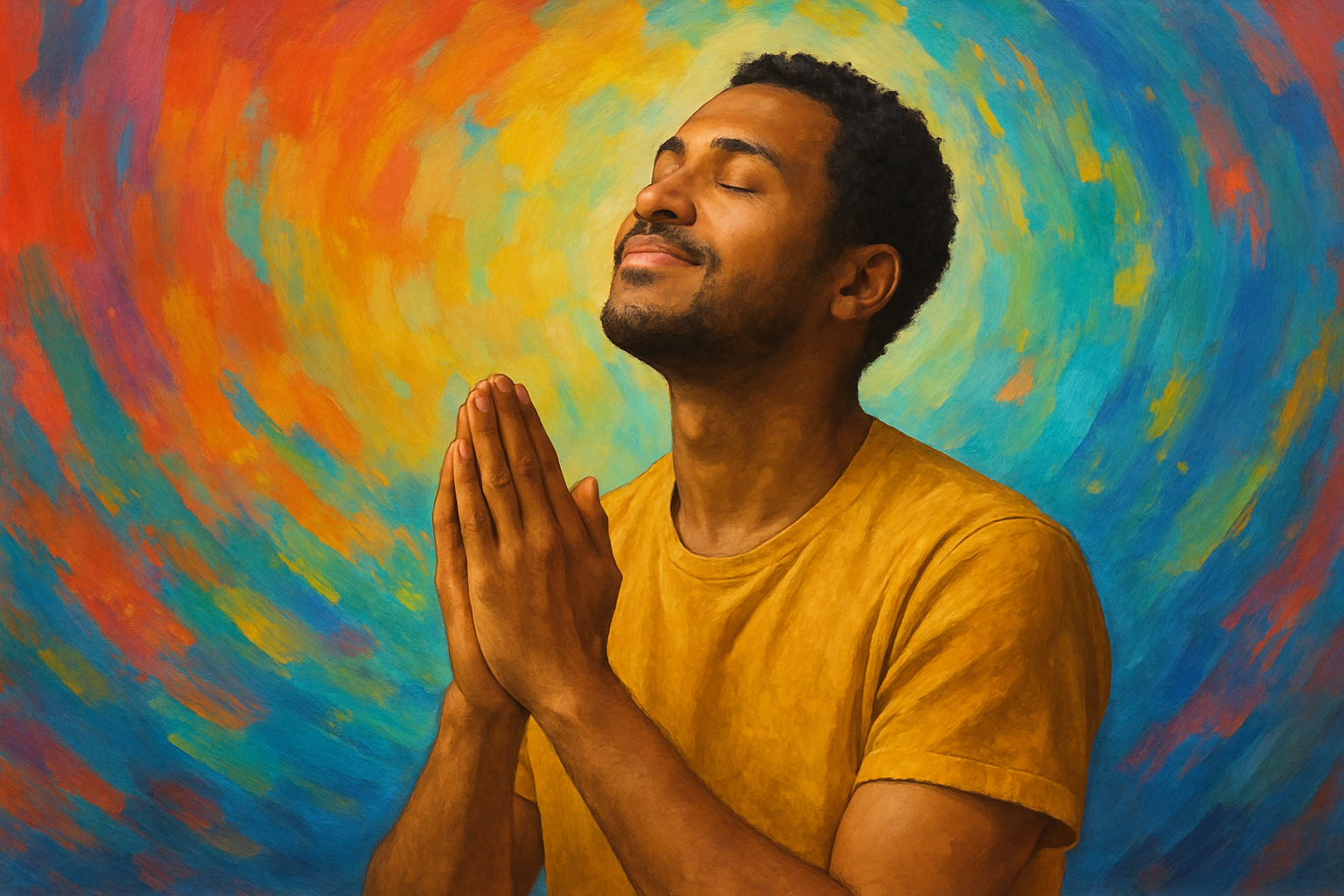 A person thanking God for the blessings they have received with colorful background