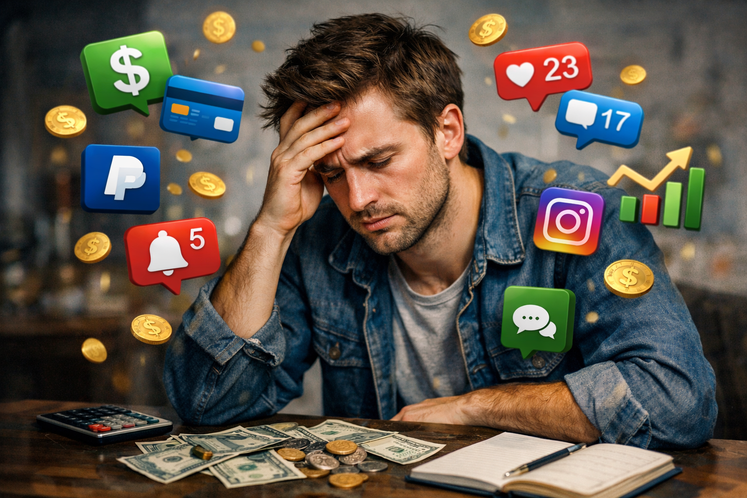 A person upset and distracted by money and phone apps