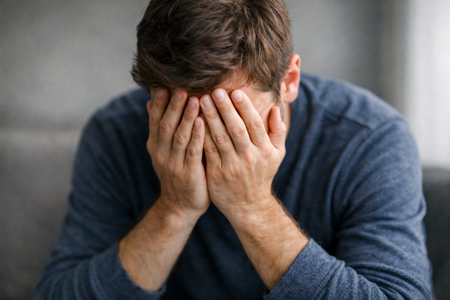 A person with head down with hands over their face looking scared or disappointed