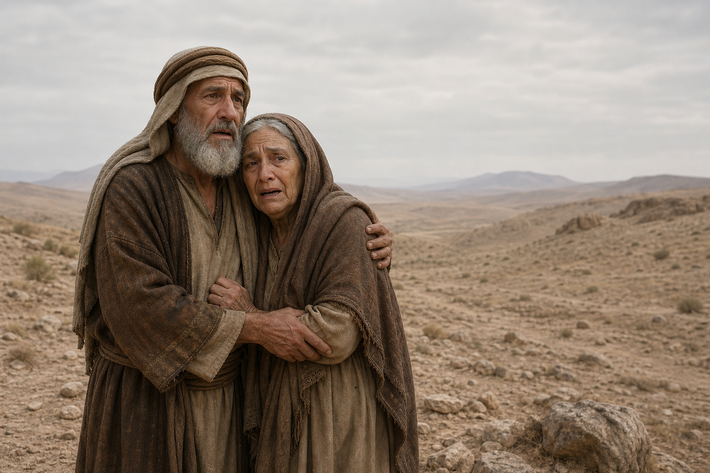 Abraham and Sarah in Wilderness Holding Each Other-1