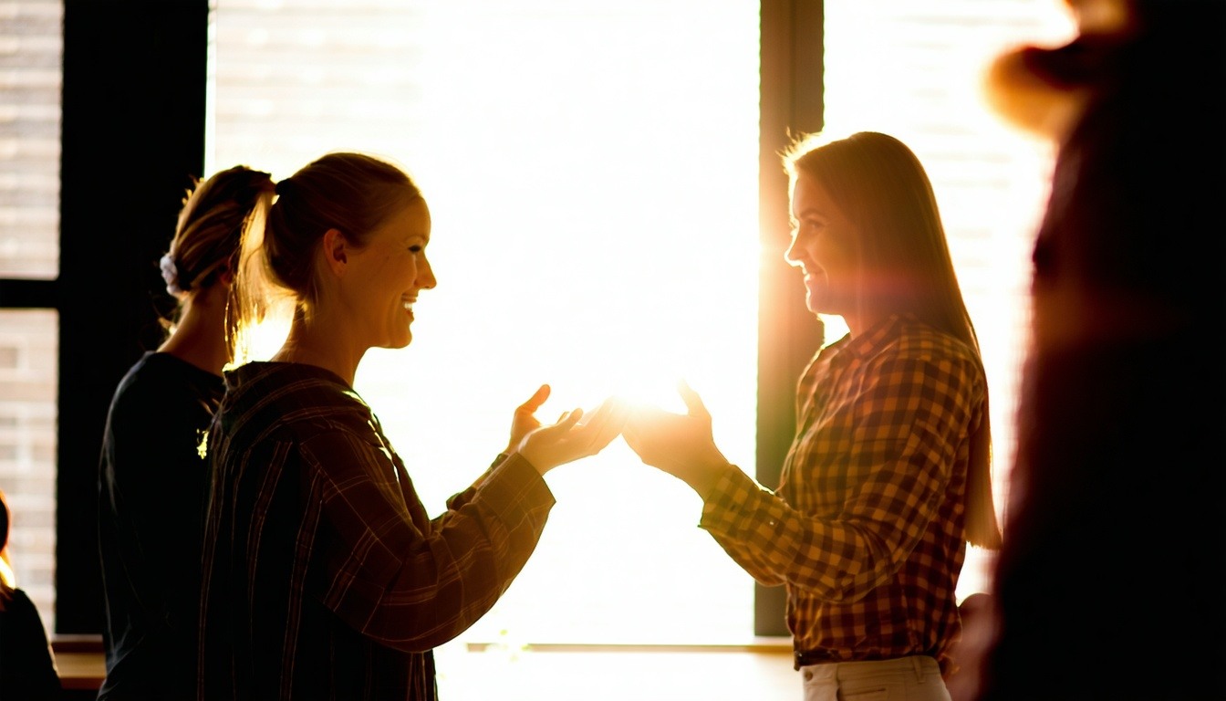 Adult people handling struggles together with light shining down-3