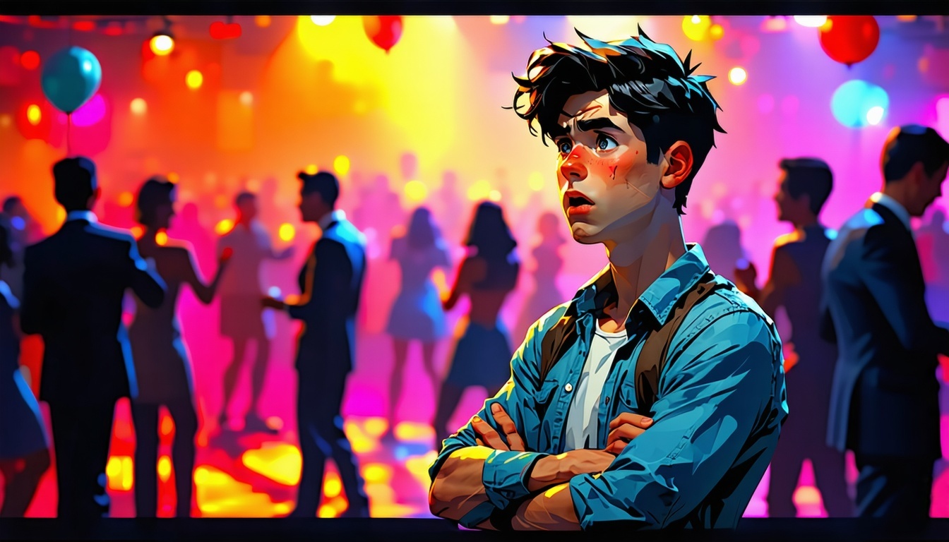An adult boy with his arms crossed and upset viewing a party going on in the background with bright colors in the background