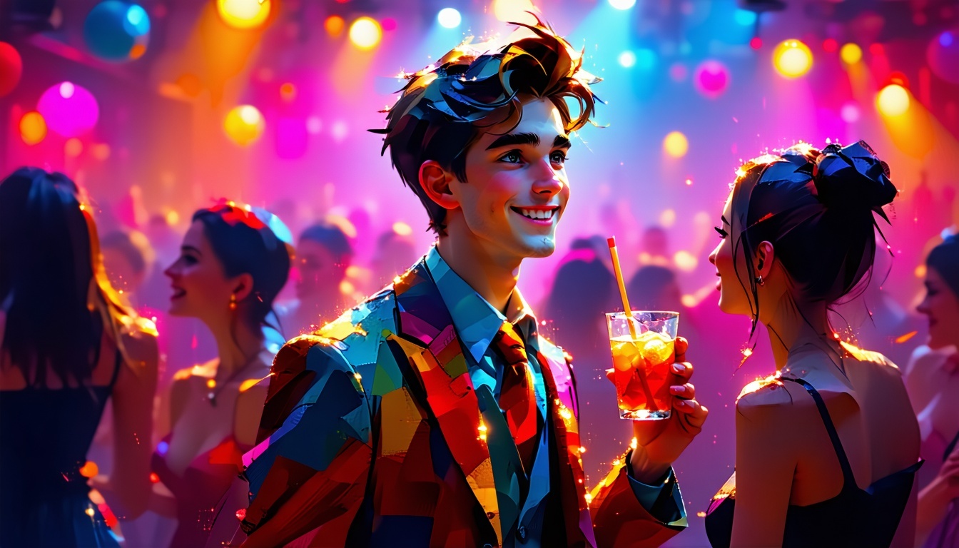 An adult son at a big party with a drink in his hand loud music and bright colors in the background