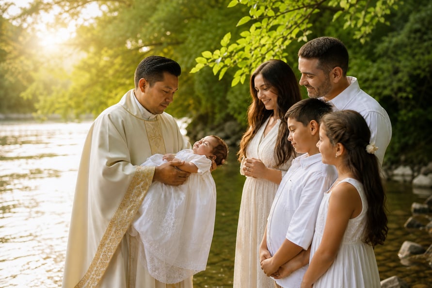 Childs Baptism with Priest and Family in Landscape Setting