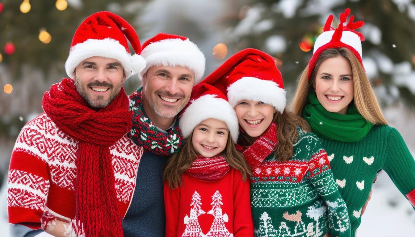 Family with fun Christmas sweaters, colorful scarf, and santa hat-1