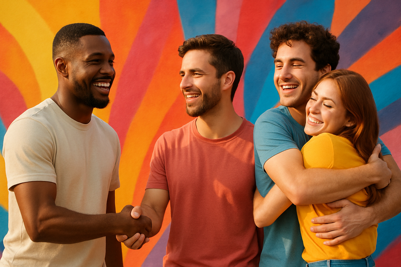 Friends shaking each others hands and some hugging each other with bright colors in the backgroundSep0920250747279028PM-Sep-09-2025-08-07-47-4291-PM