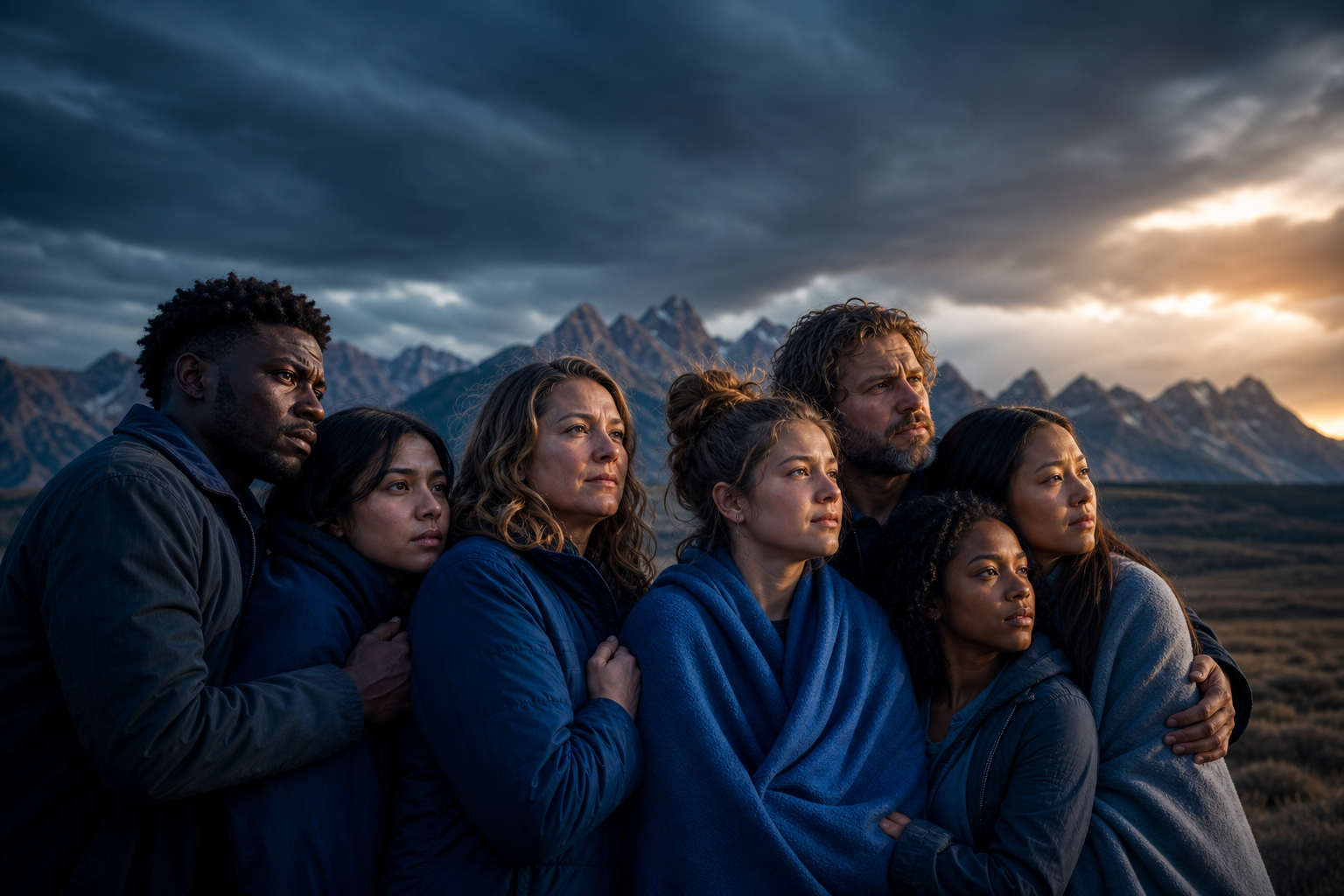 Group Huddled in Fear and Hope on a Stormy Landscape