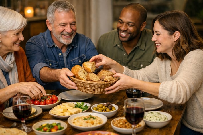 Group Sharing Meal with Bread