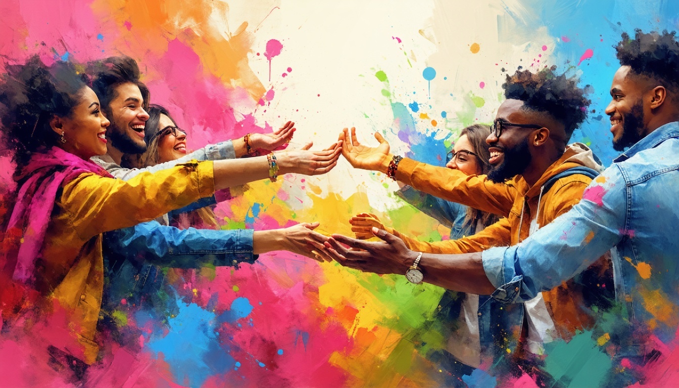 Group of diverse happy people welcoming each other with happy colorful colors in the background