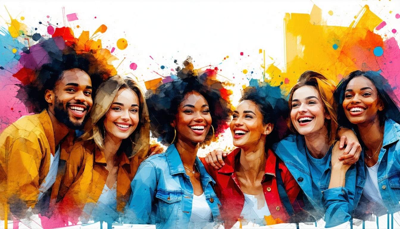 Group of diverse people enjoying each others company with bright happy colors in the background