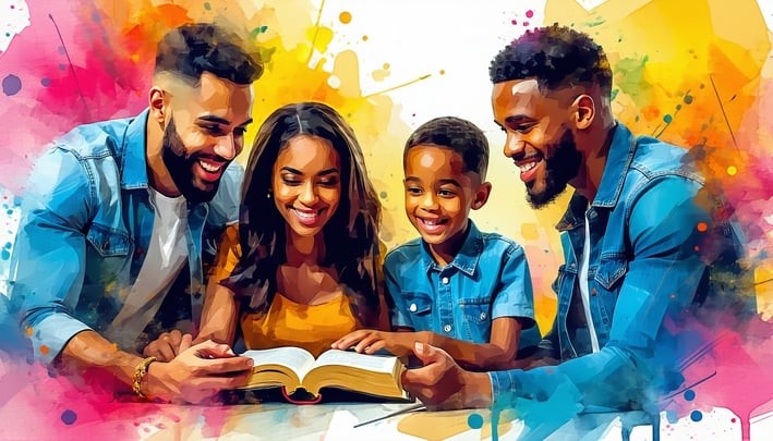 Group of family and friends doing a bible study with bright colors in the background-1