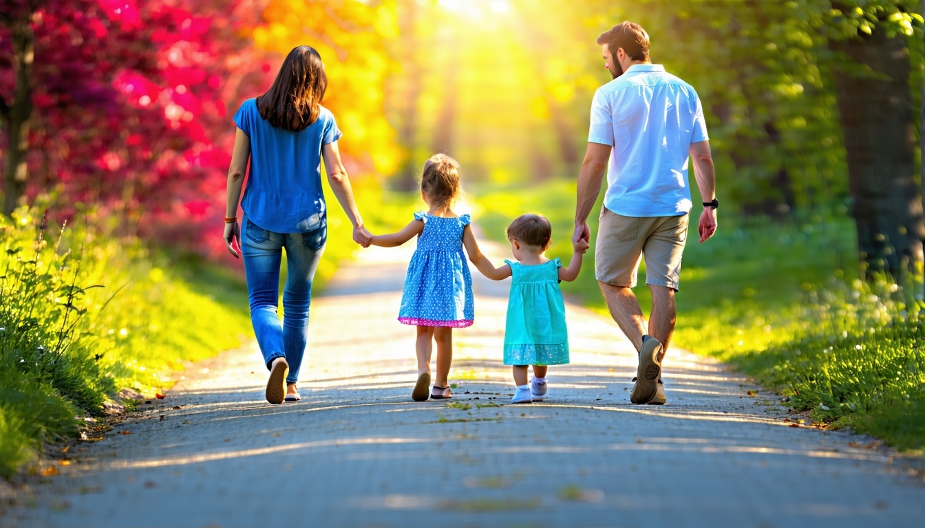 Group of family and friends walking down a path holding hands with bright colors in the background-2