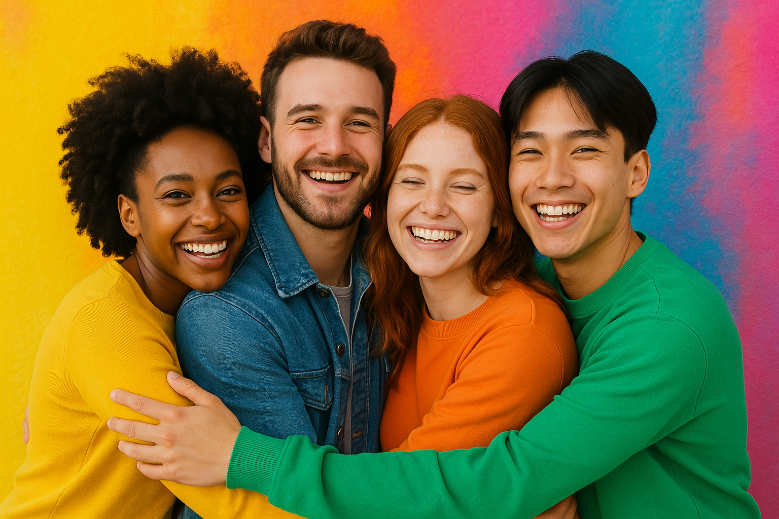 Group of friends smiling and hugging each other with bright colors in the background-3