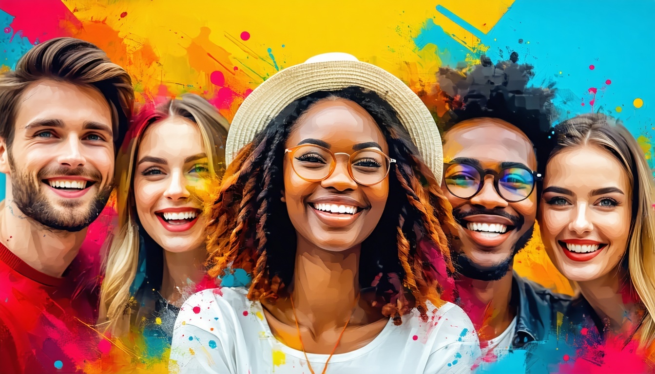 Group of happy people with bright colors behind-3