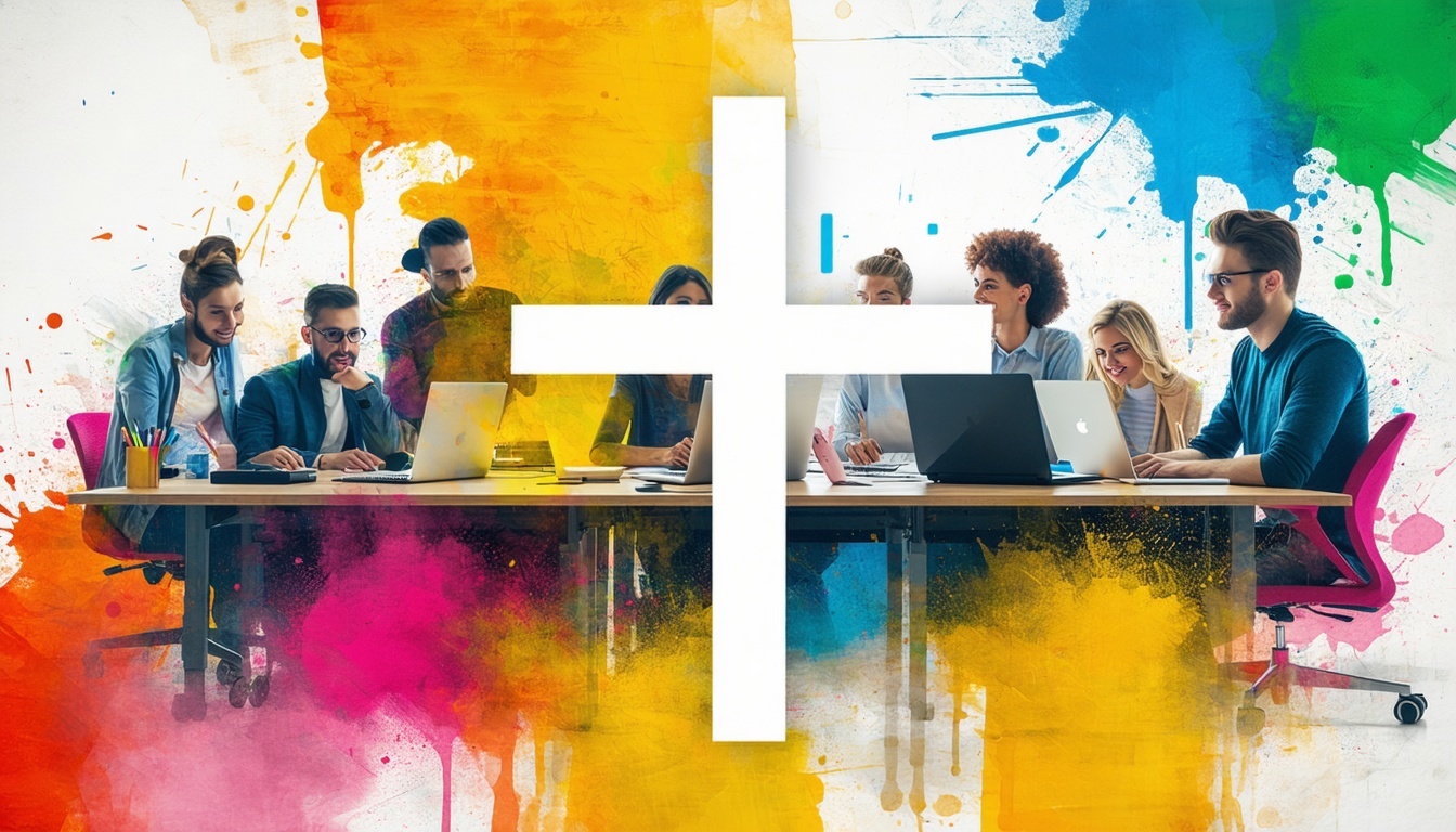 Group of people at work with a cross on their desk with a colorful background-3