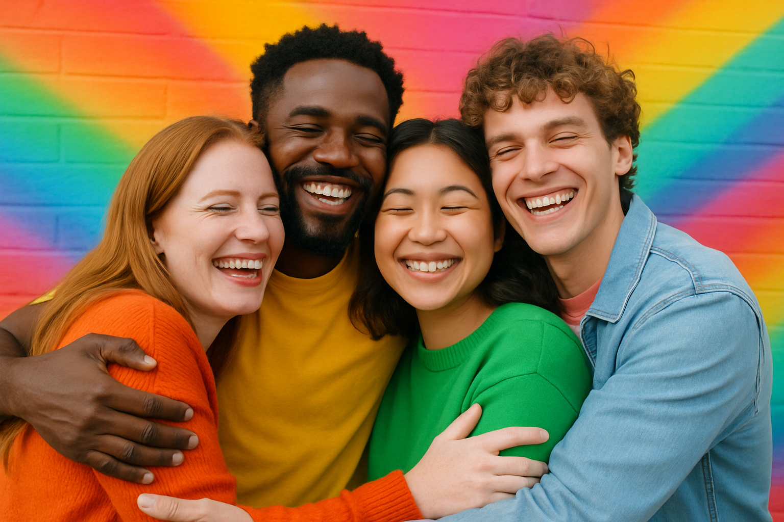 Group of people happy and hugging each other in loving acceptance with bright colors in the background-2