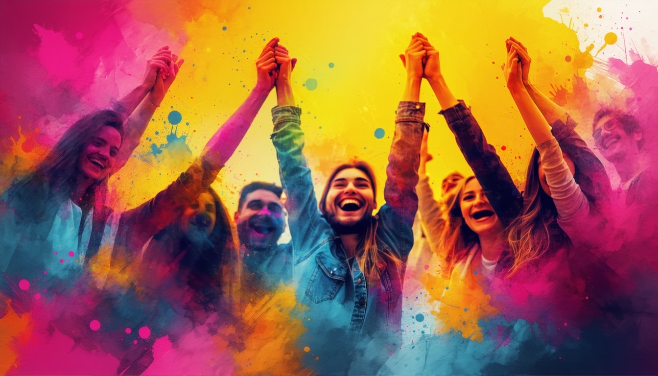 Group of people happy to be with each other holding hands or hugging with bright colors showing happiness