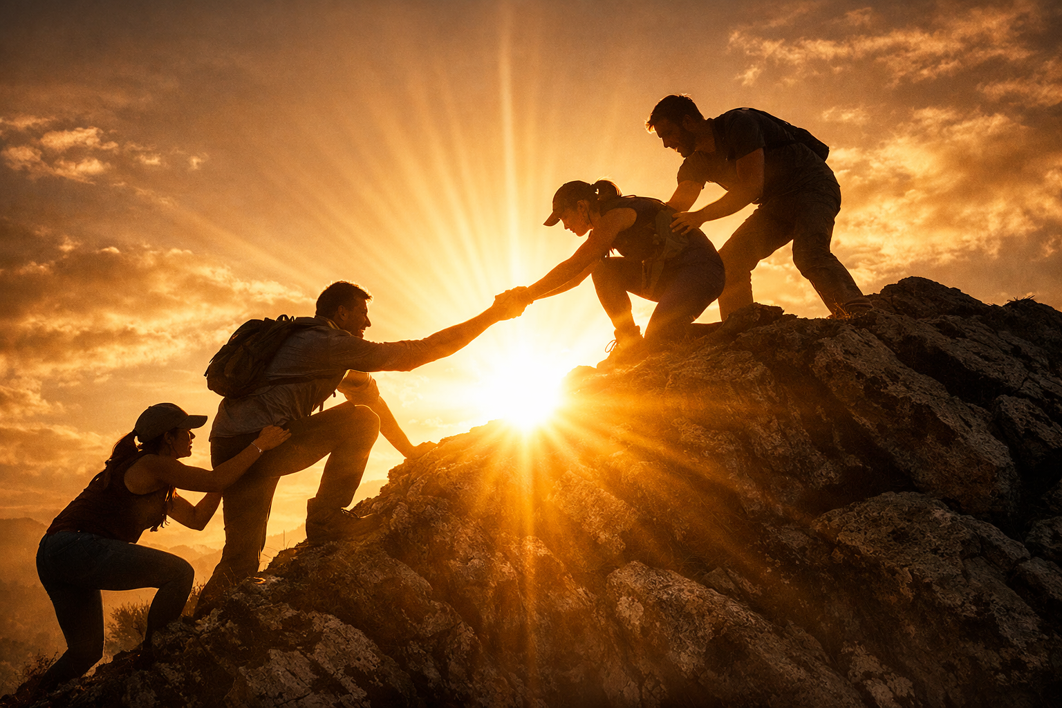 Group of people helping each other with bright light in the background-2