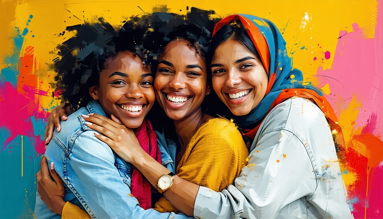 Group of people hugging and smiling with colorful background
