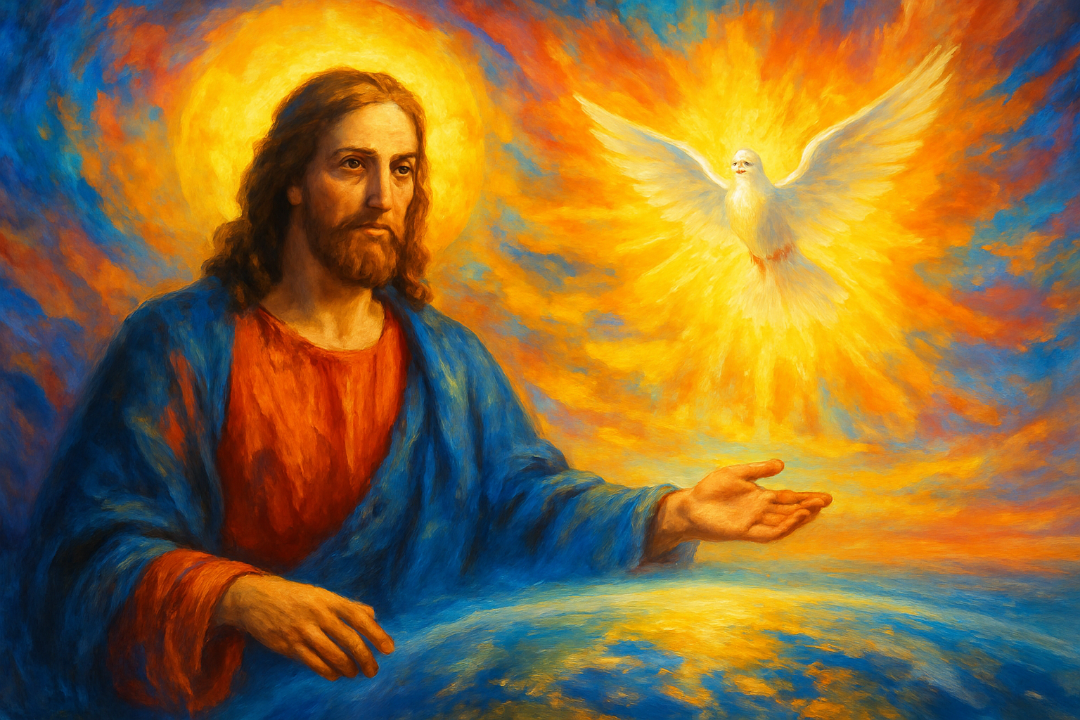 Image of Jesus and the holy spirit at the beginning of the world with bright colors in the background