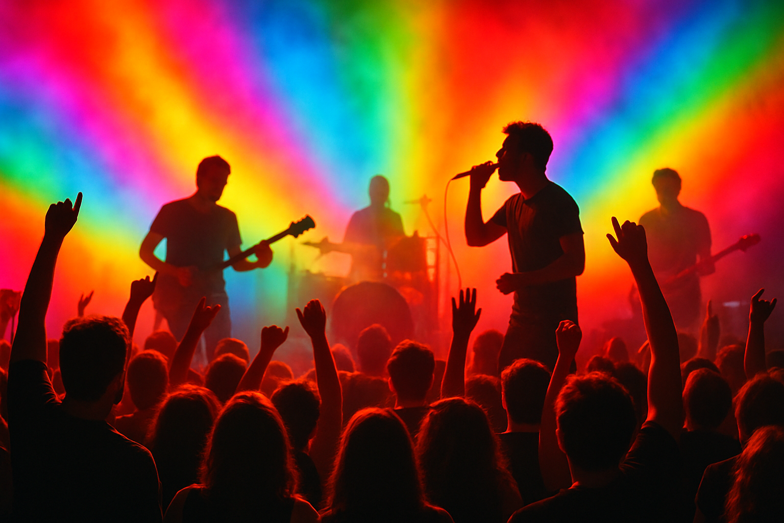 Image of a group of people at a concert with bright colors behind the band on stage