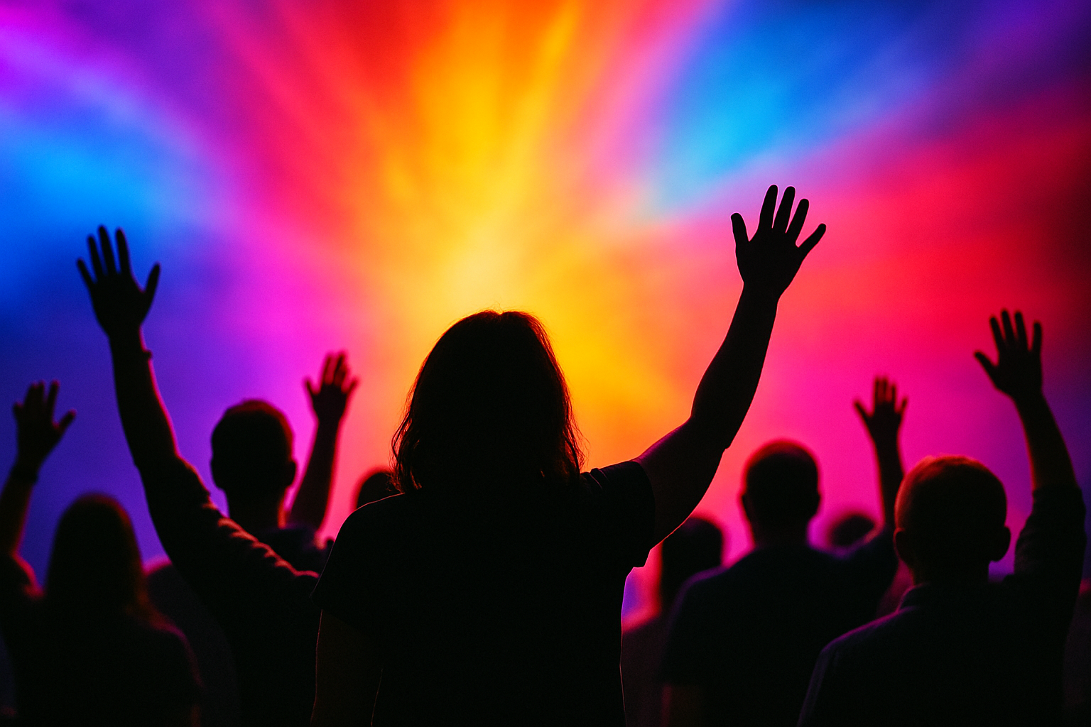 Image of people with hands raised worshiping with bright colors in the background-1