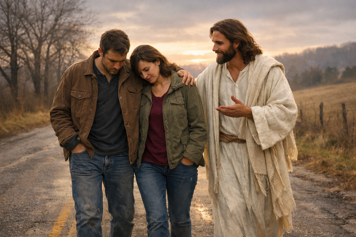 Jesus Walks With A Couple On A Road-1-2