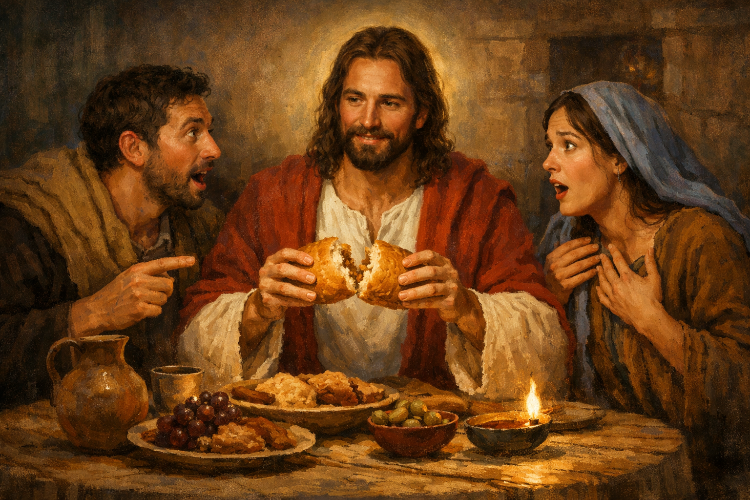 Jesus and Couple Breaking Bread at Dinner