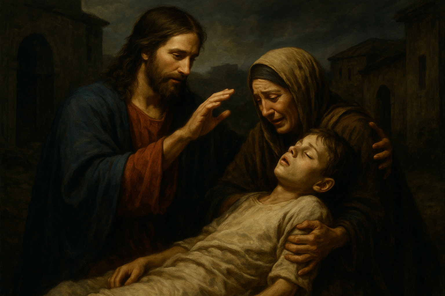 Jesus meeting up with a mother and her son who is dead and he raises the son from the dead while comforting the woman-1