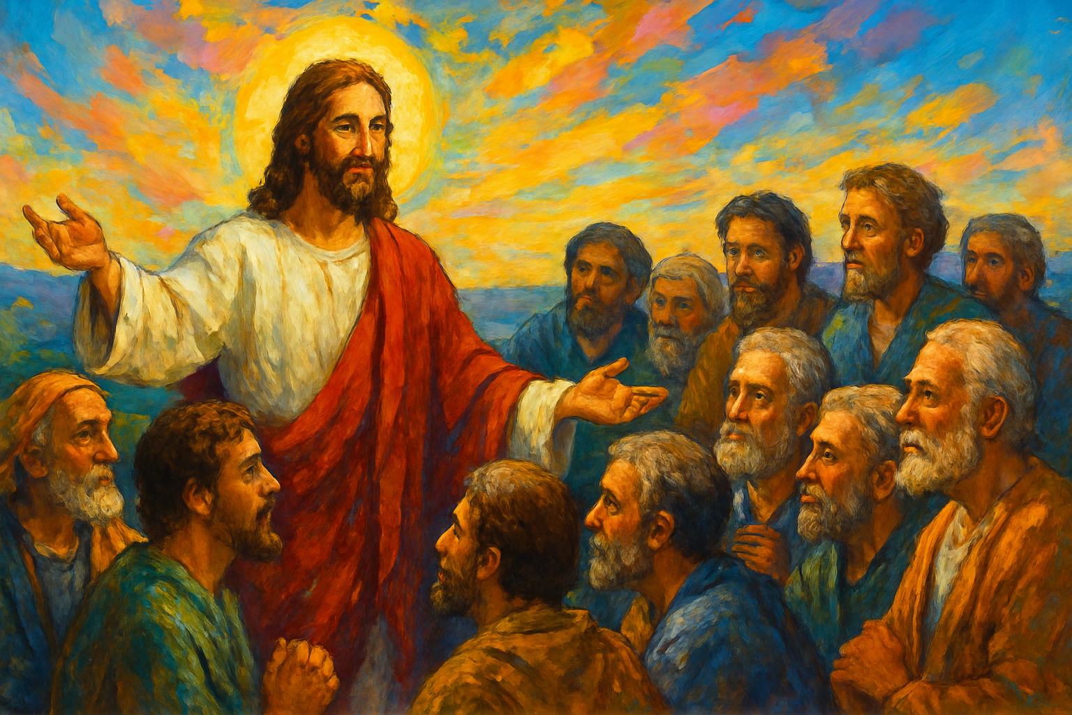Jesus talking to His disciples with bright colors in the background-1