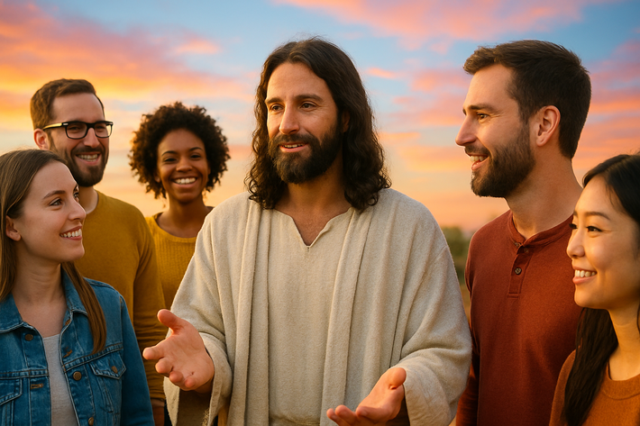 Jesus talking to a group of modern believers with bright colors in the background1-1-1