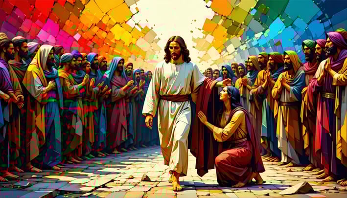 Jesus walking with a large crowd of people and a women on her knees touching his coat with bright colors in the background-3