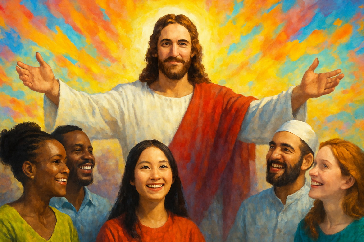 Jesus welcoming people from all nationalities with open arms and loving face Bright colors in the background