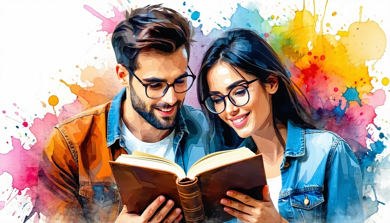 Man and woman reviewing a planner book with a colorful background-3