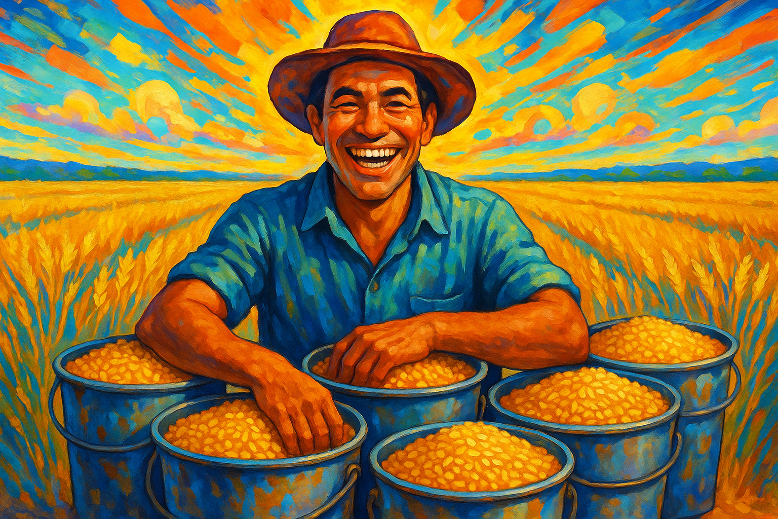 Man with a big smile and lots of buckets of grain with grain fields in the background and a bright colorful background-3