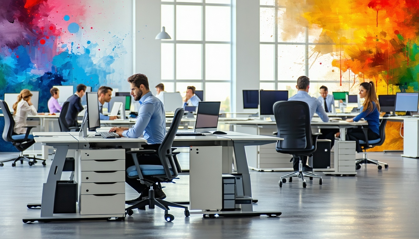 Men and women working at desks in an office with a colorful background-3