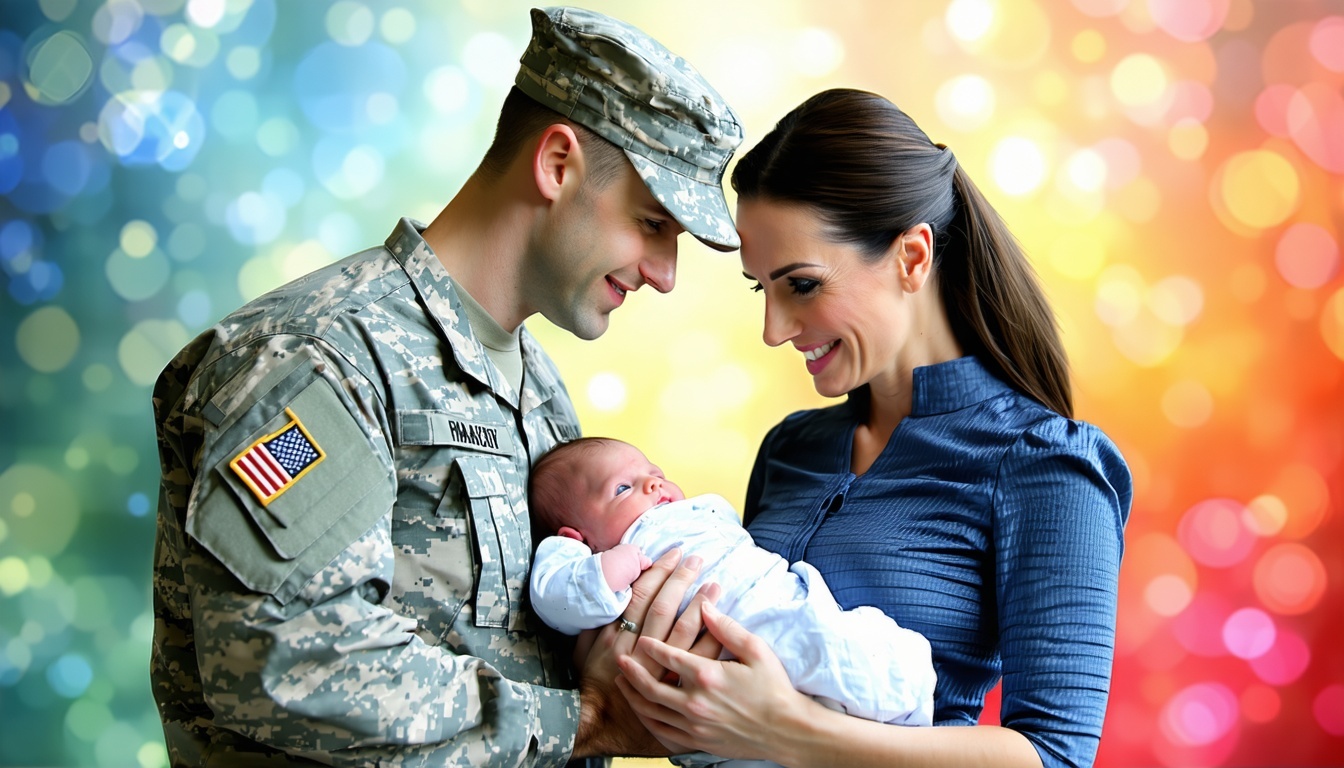 Military Husband and wife welcoming home a new baby with bright colors in background-3